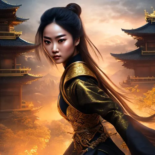 Prompt: create best quality photograph of beautiful female ninja who is wearing all golden ninja style robes,  night and beautiful sky as background, detailed face, extremely detailed environment, extremely detailed background, extremely detailed skin, extremely detailed clothing, natural colors , professionally color graded, photorealism, 8k, realistic, moody lighting, galactic environment, volumetric lighting