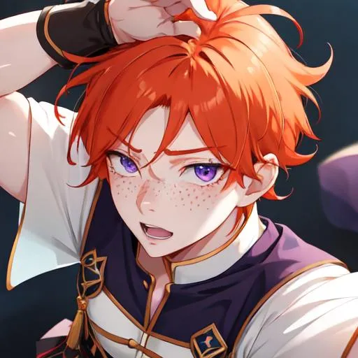 Prompt: Erikku male adult (short ginger hair, freckles, right eye blue left eye purple) UHD, 8K, Highly detailed, insane detail, best quality, high quality, anime style, wearing a skirt, masculine
