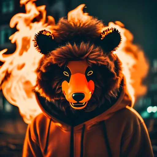 Prompt: brown, fluffy, wavy hair & brown eyes wearing a cute and cuddly bear orange green black grey orange, style cozy hoodie with bear ears on top, (((ON FIRE))), fire engulfs the background, Demon, horns, mask, smiling, (((zoomed out))), cyberpunk apocalypse, fire , sci fi, ruins, blood, midnight, 8k, highest quality, orange green black grey orange, sharp focus, studio photo, intricate details, highly detailed, UHD, HDR, 8K, ((Masterpiece))