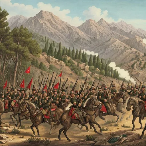 Prompt: Ottoman army, guns, mountains, rebel ambush, forests, Ottoman flag