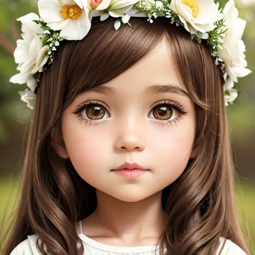 Prompt: Girl, Child, Long brown hair,  white skin, brown eyes, flower crown, white dress 
