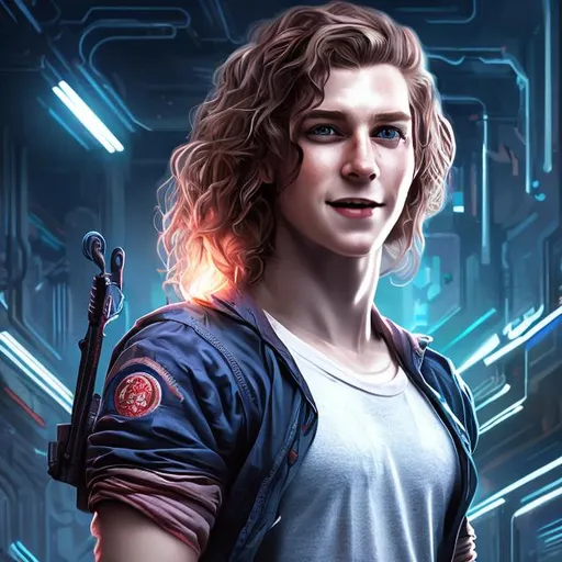 Prompt: young early-twenties hot irish man male, long curly blond hair, happy, intense, smile, full lips, casual jumpsuit, futuristic, portrait, realistic details, photorealistic, 8k render, cinematic lighting, ultra detailed