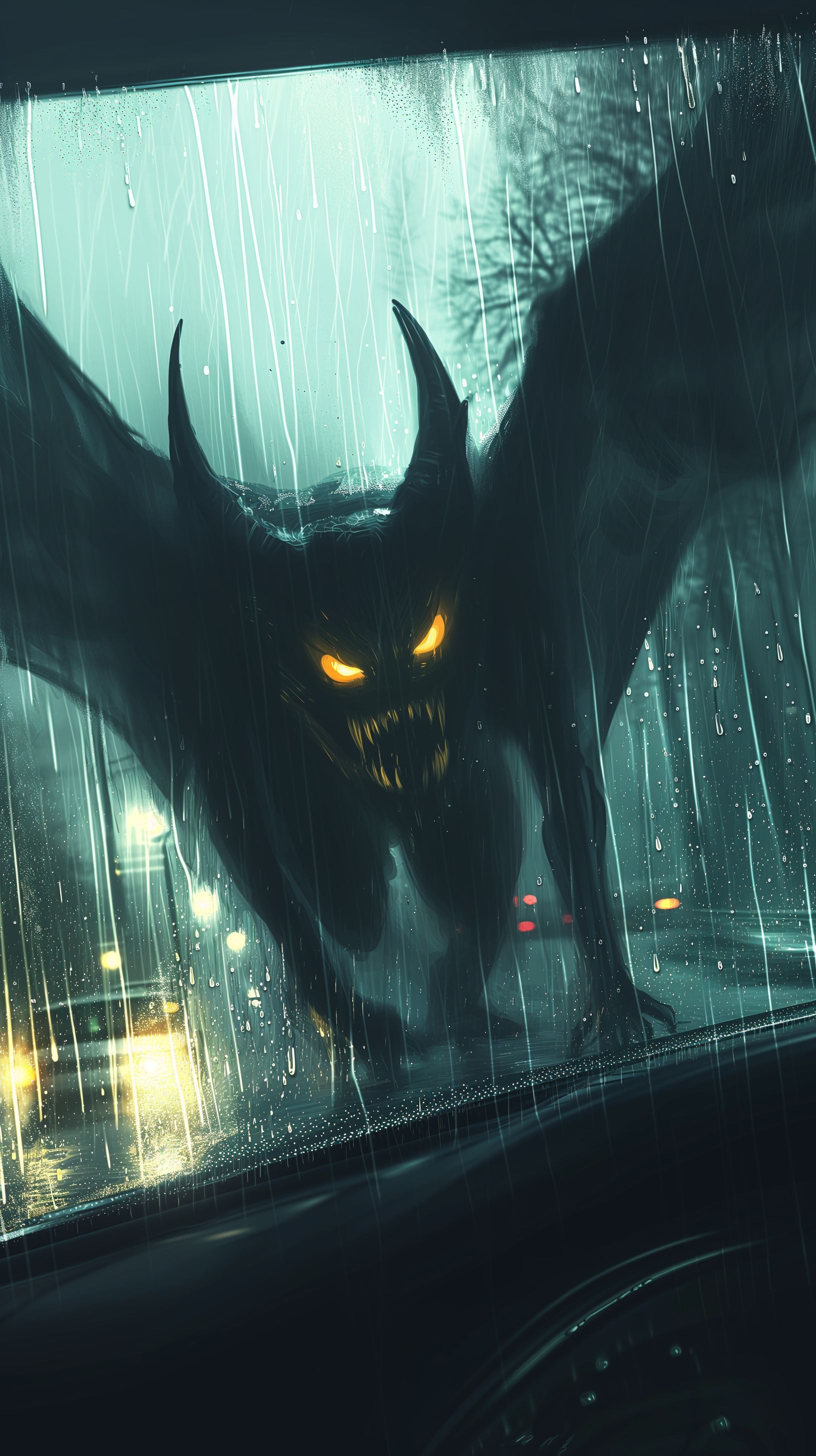 Prompt: mix the jersey devil + mothman + skin walker, running/flying next to the drivers window of the car, its a very rainy dark night so you can see the rain running down the windows, the cyptid has very bright yellow glowing eyes and very sharp white teeth --ar 9:16 --v 6.0