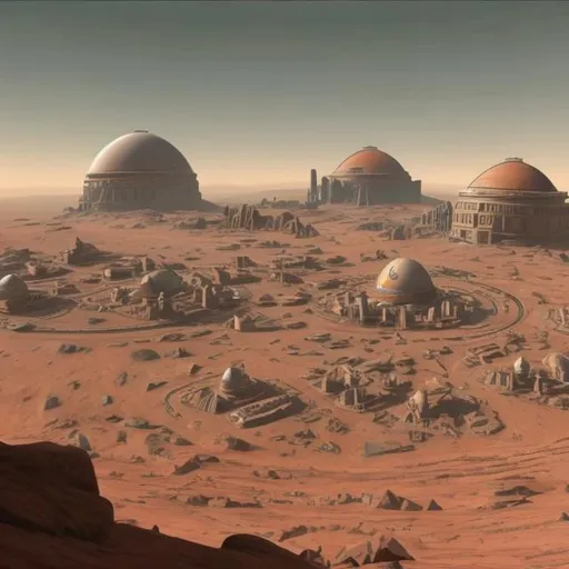 Prompt: A domed city on the planet Mars. Please include a port for spaceships and agricultural zones. 