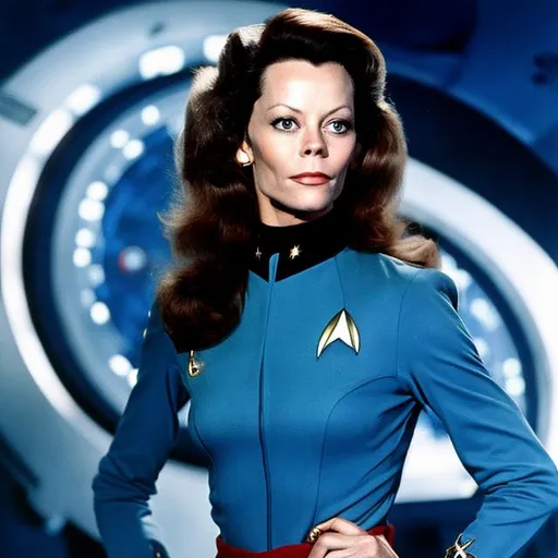 Prompt: A photograph of Mary Tamm, wearing a Starfleet uniform, with a Star Trek background, in the style of the "Star Trek: The Wrath of Kahn."