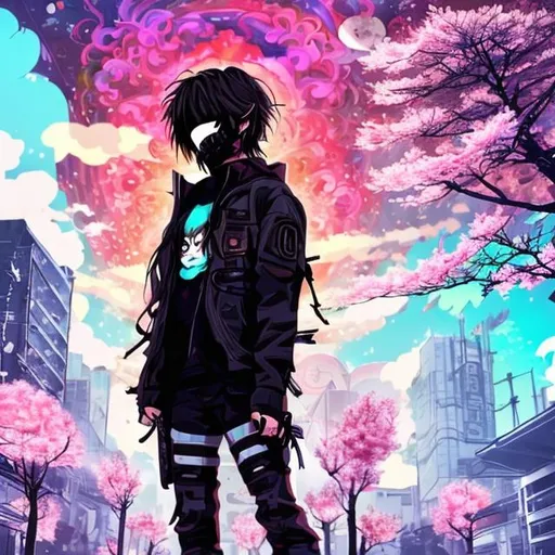 Prompt: Anime brown hair character profile wearing all black with mask running through a apocalyptic city theme, cherry blossom trees surrounding, trippy psychedelic sky, dark, gloomy