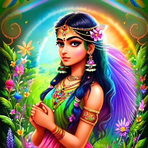 Prompt: Beautiful indian fairy, enchanted meadow, rainbow, flowers, Disney aesthetic, high detail, intricate, elegant, sharp focus, digital painting with bindi