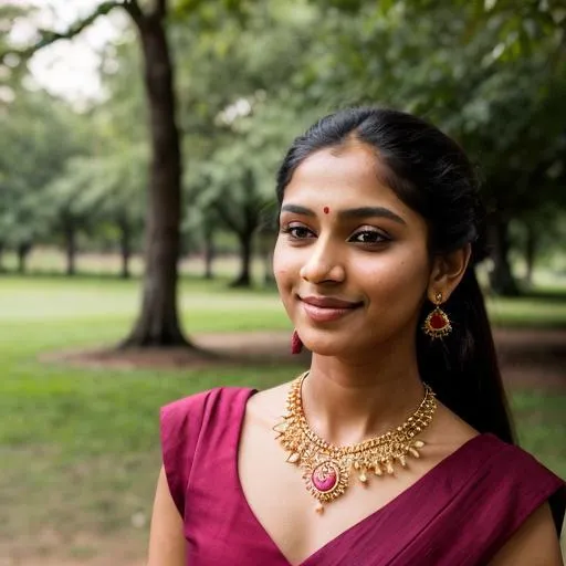 Prompt: Gorgeous Indian ((skinny)) girl in a park, pretty, cute 🥰, ((one eyes Winking)), Maroon Dress, centered in frame,close-up, ultra realistic, natural lighting, background having trees with pink flowers , drop type earrings, thin gold necklace, pony tail hairstyle