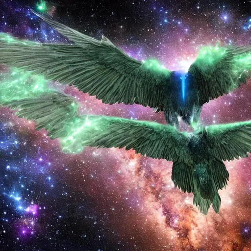 Prompt:  A hyper-realistic ghastly and colossal winged devil flies through the universe. (glowing 
 violet colored eyes).  A collapsing star emits cyan light from behind the devil.  quasar | galaxies | cosmic | tearing space and time apart | chaos | suffering | malevolence | grim | subtle green stars in background | despair | UHD, 4K, 8K, 64K, extremely detailed.  