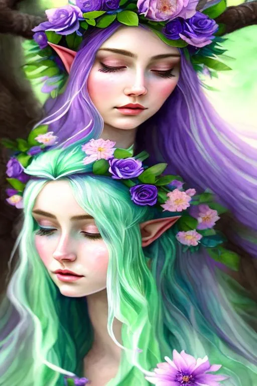 Prompt: 1girl, portrait, watercolor masterpiece,

realistic illustration of Female fantasy elf druid, in a vintage lavender and light mint green dress, green flowers in her purple hair, in a forest by the moonlight, symmetrical,

hyper realistic masterpiece, highly contrast water color pastel mix, sharp focus, digital painting, pastel mix art, digital art, clean art, professional, contrast color, contrast, colorful, rich deep color, studio lighting, dynamic light, deliberate, concept art, highly contrast light, strong back light, hyper detailed, super detailed, render, CGI winning award, hyper realistic, ultra realistic, UHD, HDR, 64K, RPG, inspired by wlop, UHD render, HDR render