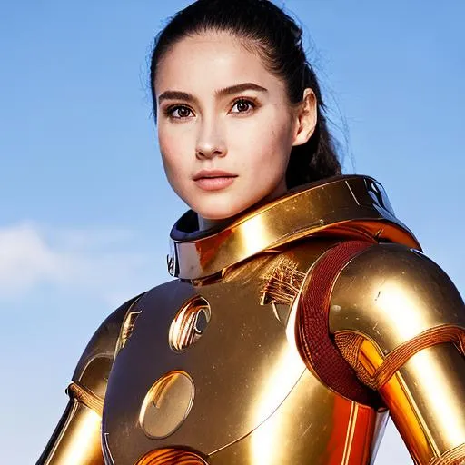 Prompt: 23's young Japanese girl, star war C3PO, battle filed, weapon, win position, magazine cover, slim, beautiful face, 3D, real people, diamond, shiny, pinky, white color pottery body