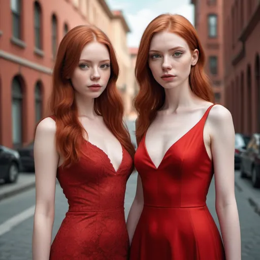 Prompt: photo realistic Two girls, red hair,  pale skin, wearing slim fit red dresses,,analog filter, perfect composition, hyperrealistic, super detailed, 8k, high quality, trending art, sharp focus, intricate details, highly detailed
