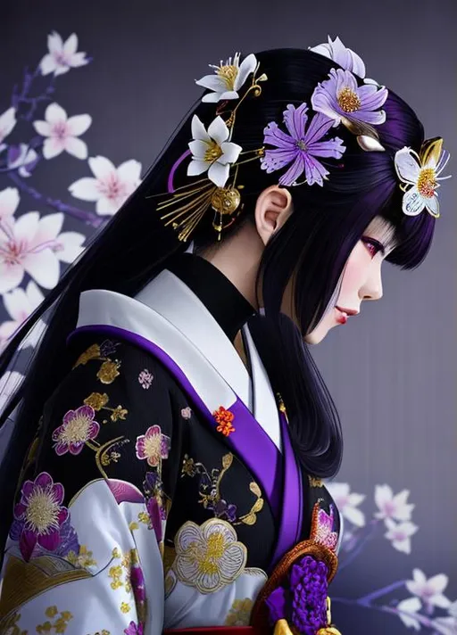 Prompt: High quality portrait of a Japanese Oiran. she is walking in a cherry blossom garden, She has lightly colored pale skin and is very beautiful. Her hair is black and is decorated with purple, silver, and gold hairpins. Her elaborate kimonos are white and purple with checkered patterns. She wears a blue spider lily on her left ear and wears a beautiful purple obi patterned with traditional Japanese mist colored white.