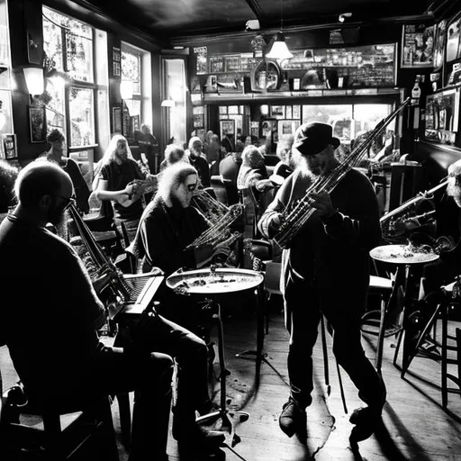 Prompt: people are in a pub, listening to avant-garde experimental music and enjoying themselves. the musicians are playing their instruments in an unconventional way. black and white. 