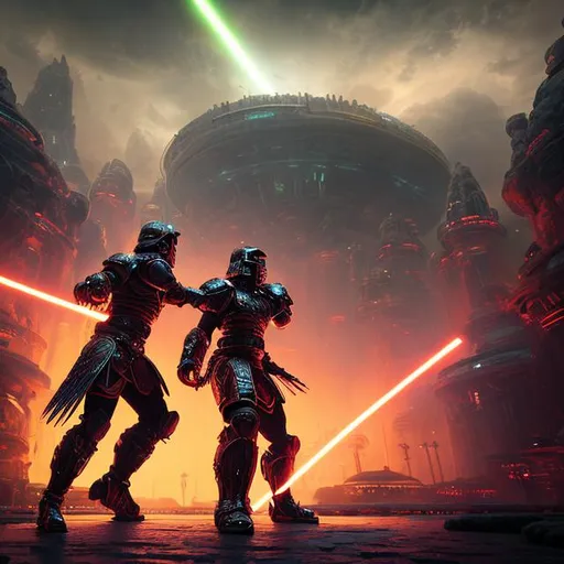 Prompt: 8k portrait of two aggressive futuristic gladiators fighting to the death, light sabers, in a huge thunder dome-like battle palace, with huge crowd, cinematic perspective concept art, sci-fi style art, background, .obj file, high-quality render, ultrarealistic, cinematic style, files, DeviantArt rendered in unreal engine 5, intricate details