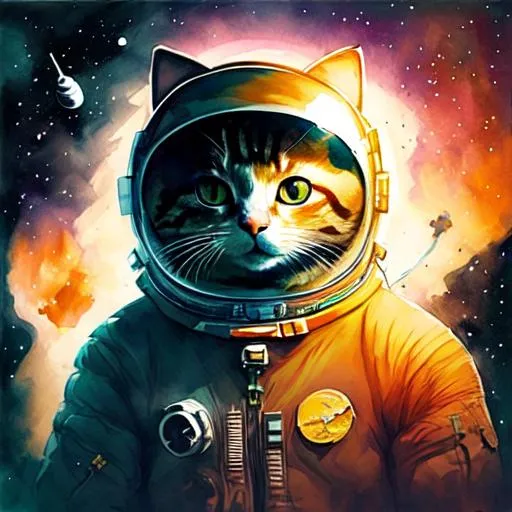 Prompt: a cat in space wearing a spaceman helmet
