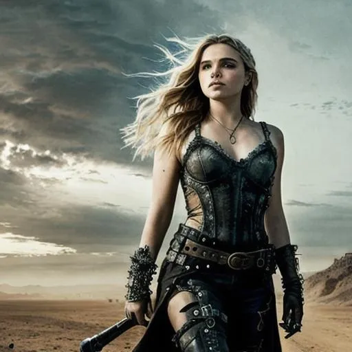 chloe grace moretz, mad max, apocalyptic background... | OpenArt