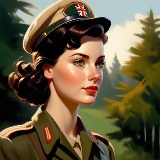 Prompt: Third person, gameplay, british girl, pale skin, dark brown chin-length bob, freckles, green eyes, typical 1940s clothing, 1940s, army camp, golden atmosphere, cartoony style, extremely detailed painting by Greg Rutkowski and by Henry Justice Ford and by Steve Henderson 