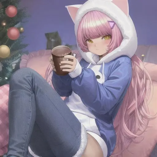 Cat girl wearing a puffy hoodie and legging like jea OpenArt