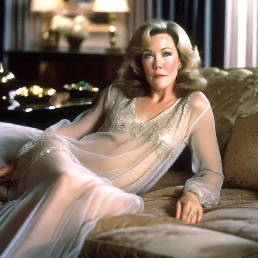Prompt: Catherine O'Hara fall asleep on the couch laying down wearing slightly revealing see through nightgown in the living room 