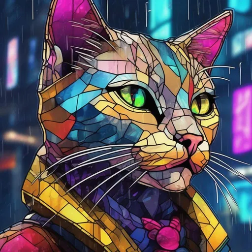 Prompt: A colourful and beautiful house cat in a stained glass style in the rain in a cyberpunk world in a marvel movie style