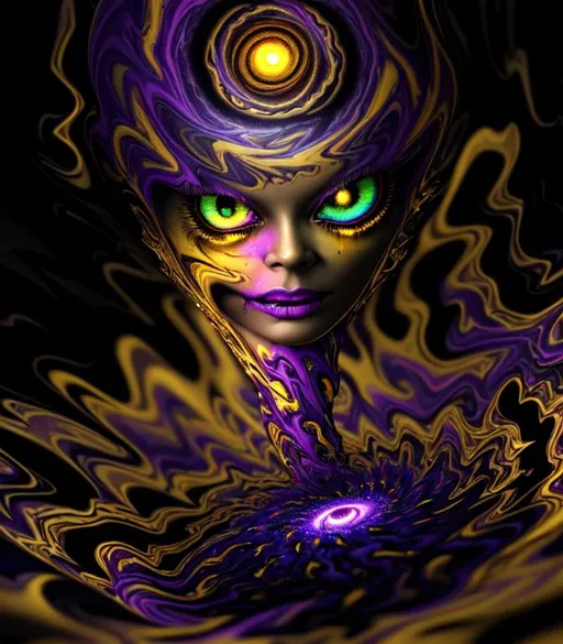 Prompt: Horror, Eerie, Spooky psychedelic 
 cinematic, Nebula, 3D, HD, swirl twist{yellow eye}ball gold, expansive metallic background, sunset, freeform dark chaos, hyper realistic, 8K --s98500