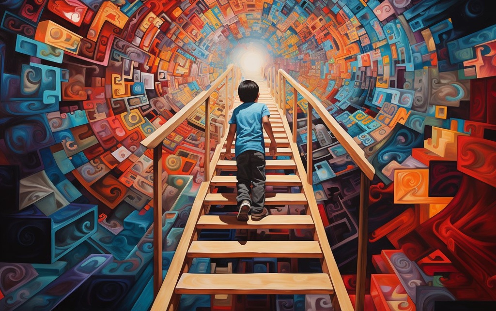 Prompt: a boy climbing up a ladder in a colorful abstract art design, in the style of hypnotic symmetry, otherworldly illustrations, hyperrealistic murals, children's book illustrations, spectralist, chicano art, long lens