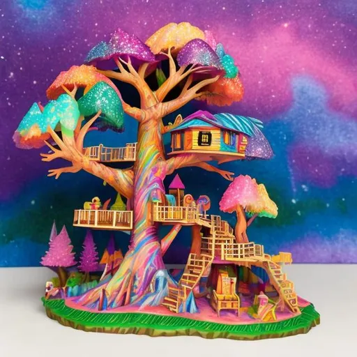 Prompt: Lisa frank style treehouse diorama 