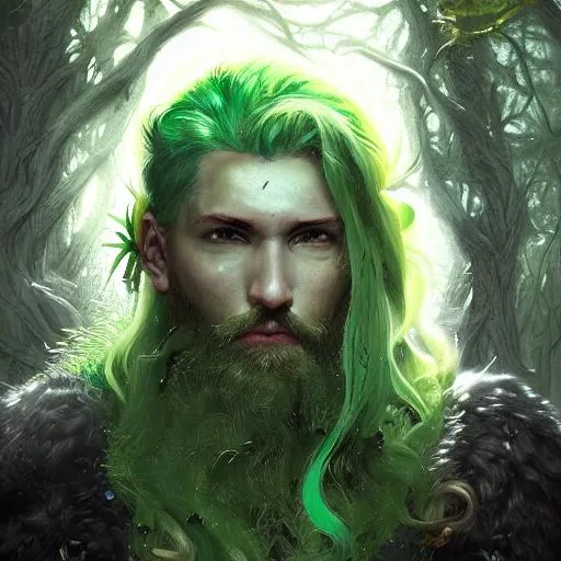 Prompt: Portrait of a 28 year old male modern druid with green hair and with cute face, fantasy background, perfect composition, hyperrealistic, full shot, super detailed, 8k, high quality, trending art, trending on artstation, sharp focus, studio photo, intricate details, highly detailed, by greg rutkowski 