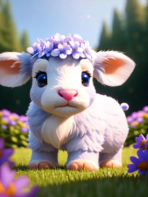 Prompt: Disney Pixar style blue highland calf highly detailed, extra fluffy, intricate, big eyes, adorable, beautiful, soft dramatic lighting, light shafts, radiant, ultra high quality octane render, daytime forest background, field of flowers, bokeh, hypermaximalist,
