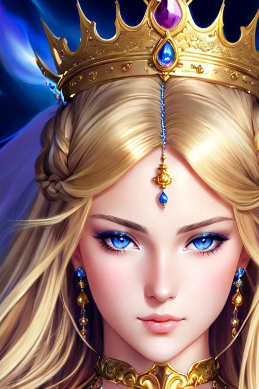 Prompt: 1 girl, close-up portrait with golden crown and accessories, fantastic goddess, blonde hair with braid glossy grayish blue eye, perfect angular face, chiaroscuro lighting masterpiece by Amano Yoshitaka and Boris Vallejo