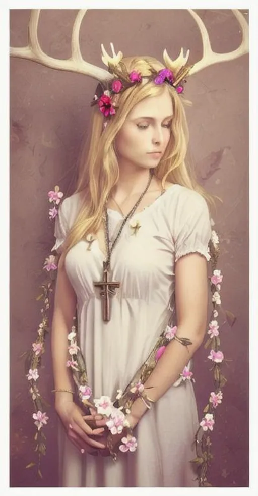 Prompt: Blond hair antlers flowers in her hair holding a rosary with a crucifix pendant