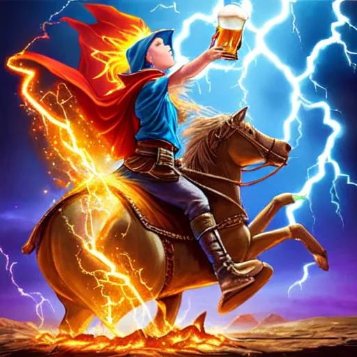 Prompt: wizard drinking beer, magical, lightning, fire, mug, riding a steed