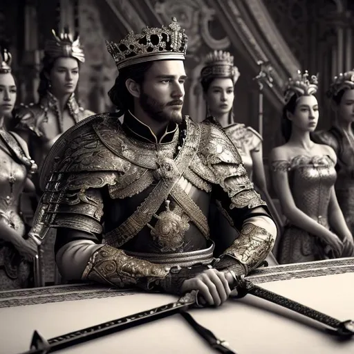 Prompt: a handsome and dashing European king sits there holding his sword, several beautiful and elegant concubines on the left and right of the king, the surrounding atmosphere is dominated by black and white, 3d, ultra 4k, high quality