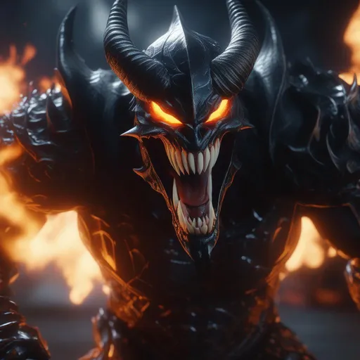 Prompt: a death knight with a Venom mouth (Venom movie), with horns on his forehead, orange fire eyes, Laughing, Hyperrealistic, sharp focus, Professional, UHD, HDR, 8K, Render, electronic, dramatic, vivid, pressure, stress, nervous vibe, loud, tension, traumatic, dark, cataclysmic, violent, fighting, Epic
