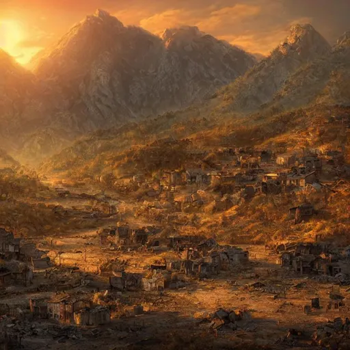 Prompt: Create a photorealistic artwork of a ruined valley town at sunset. Melancholic and nostalgic, with moonrise over the mountains. Muted, smooth colors