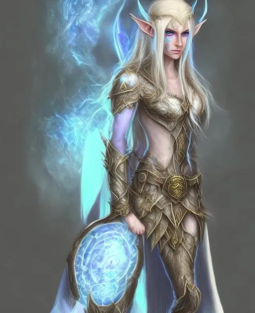 Prompt: Light Blond elf druid woman. She is wearing opal dragon armor with sapphire dragon shield. She is a mage.