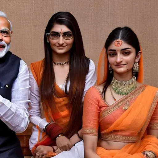 Prompt: Narendra modi sitting with mia khalifa and dani daniels
