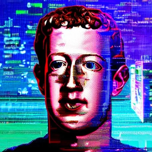 Prompt: A breathtaking sculpture of (Mark Zuckerberg) made out of recycled Facebook data, magic, tron, Johnny mnemonic, vaporwave, glitch art