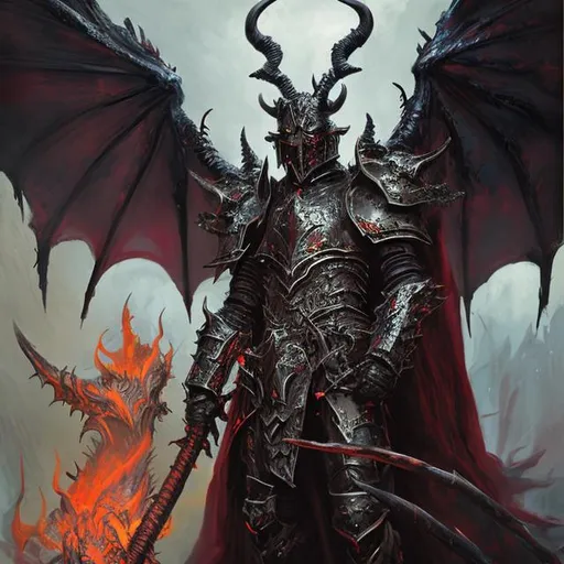 Prompt: Portrait painting, tall demon lord with curled horns and bat wings, in black plate armor armor, in the realm of fire, dull colors, danger, fantasy art, by Hiro Isono, by Luigi Spano, by John Stephens