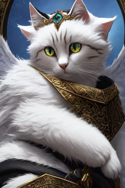 Prompt: 4 winged cat, 4 eyes, (masterpiece), (best quality:1.2), (intricate detail), dynamic angle, looking at viewer, (1male), ((solo)), (((full body))), (slender), (((tabaxi))), (((white fur))), ((blue pupils)), (((light armor))), black armor, ((cloak)), mysterious, ((ominous expression))