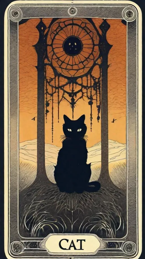 Prompt: Beksinski style occult tarot card, the cat