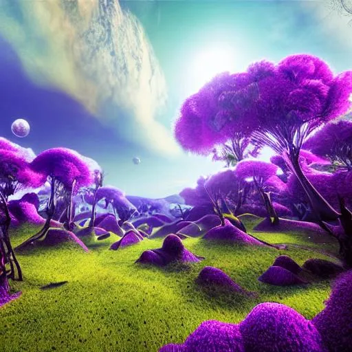 Prompt: long shot scenic professional photograph of lush planet, purple vegetation, alien wildlife, perfect viewpoint, highly detailed, wide-angle lens, hyper realistic, with dramatic sky, polarizing filter, natural lighting, vivid colors, everything in sharp focus, HDR, UHD, 64K