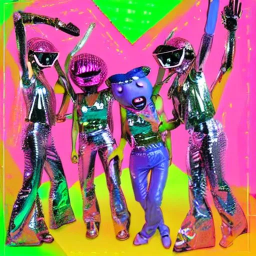Prompt: 80’s 90’s  alien mascots dance club rave party mall techno warehouse crystals 