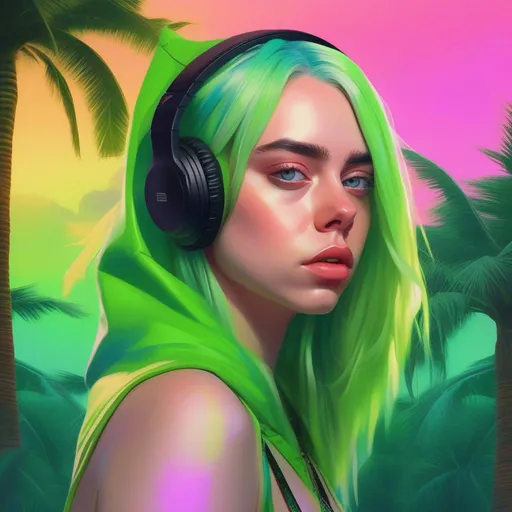 Prompt: fantasy art, digital painting, D&D character portrait of Billie Eilish as a goblin, {{green skin}}, {{large ears}}, full body, panned out, highest quality, tropical vaporwave background, palm trees,