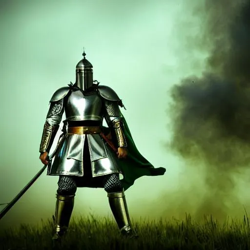Prompt: High Definition, Knight, Templar, Royal, Large Banner, Green, Gold, Straight lines, Head, Short beard, Bastard sword with cross guard, armor, battlefield, war, Germanic, German, Charging, brutal, warrior, battlefield background, black smoke, trees, fire, face visible, crumbled wall stone, high detail armor, cross gaps for eyes of helmet