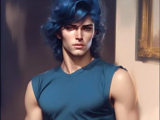 Prompt: Make him look like realistic handsome man.beautiful features. Dreamy. Art by artgerm, Tom Bagshaw, Andrew atroshenko, mike mignola. very handsome face, beautiful eyes, natural silky midnight blue hair. 