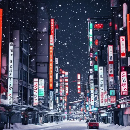 Prompt: Snow in tokyo, neon city, night time
