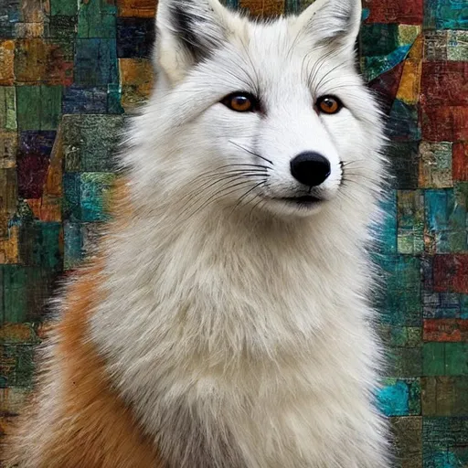 Prompt: Patchwork collage portrait of a furry white fox