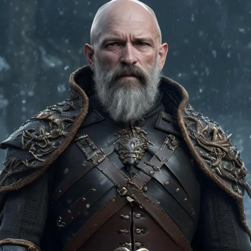 Prompt: uhd, very detailed, noble, exiled, swashbuckler,  bald, no hair, bald, long lenth gray beard, 40 years old, black coat over armor, strong, determined, full character view, plain background, fantasy